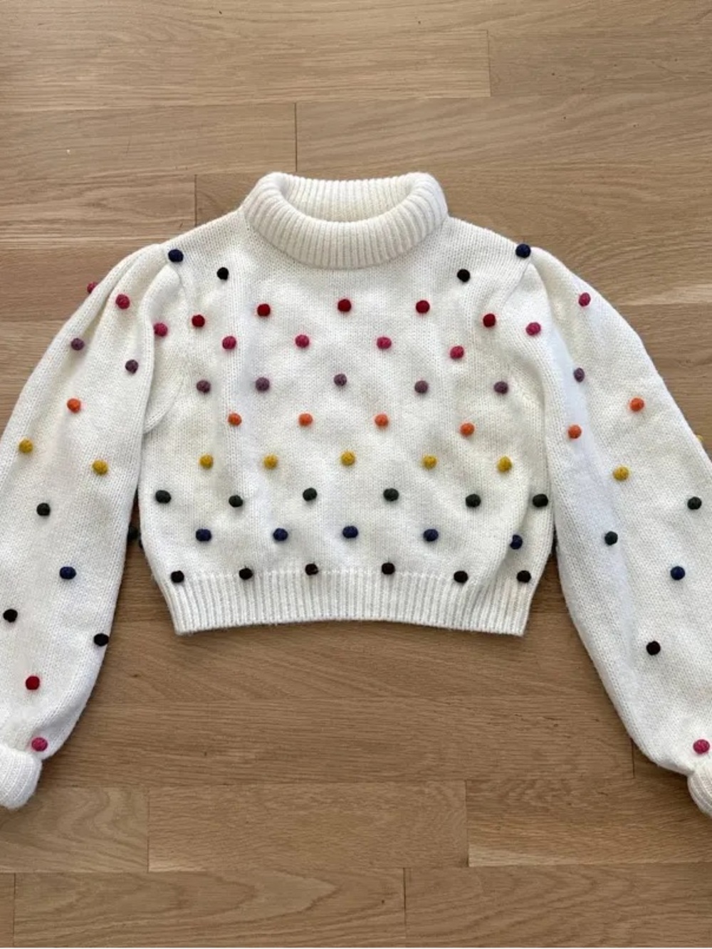 White Polka Dot Knit Sweater - Multicolor Pom Detail